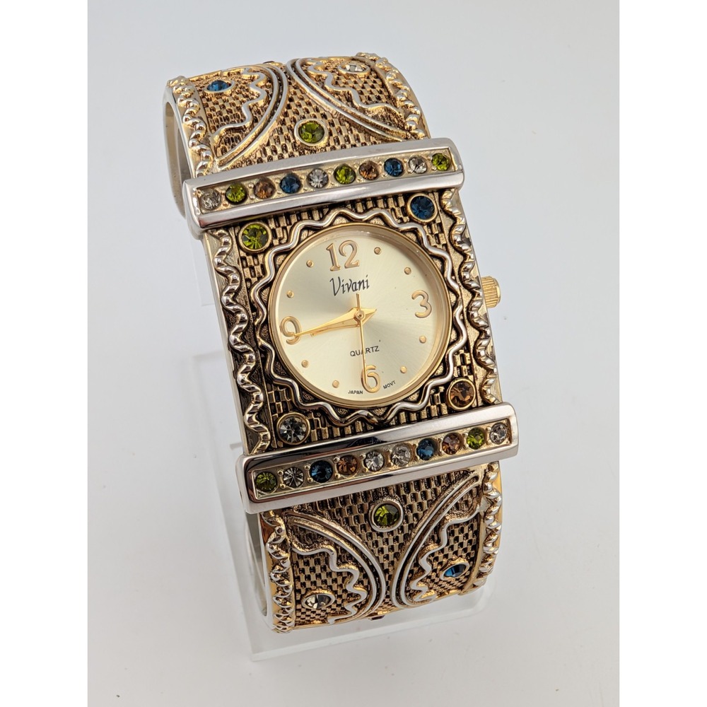 Vivani Rhinestone Cuff Women's Watch Gold Tone Multicolor Gems- New Battery